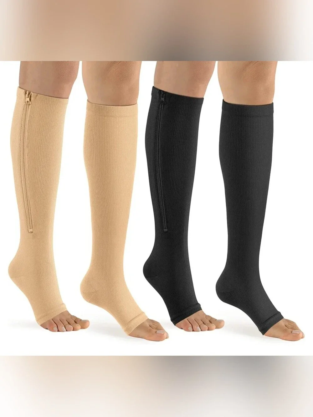 Zipper Compression Socks Women & Men - 2Pairs Calf Knee High 15-20mmHg Open Toe